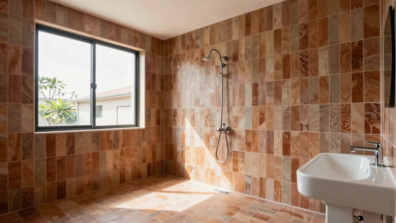 Clean architectural interior photography of a bright, modern bathroom renovation with custom tile work and daylight.
