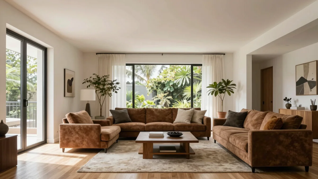 Bright editorial interior photography of a newly remodeled living room space with crisp architectural lines and natural